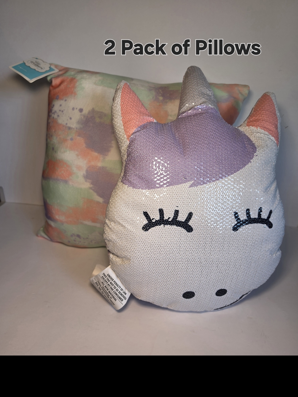 2 Pack Pastel Sequin Unicorn Pillow Set White, Purple, Pink, Green, Orange
